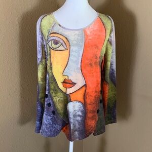 Mislook Abstract Face Art Top Medium Asymmetrical Button Statement Shirt